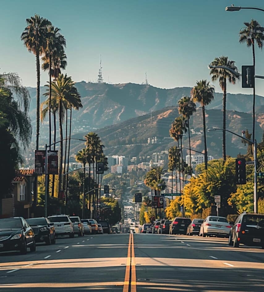 A street in Los Angeles lined with parked cars and tall palm trees, with mountains and transmission towers visible in the background.