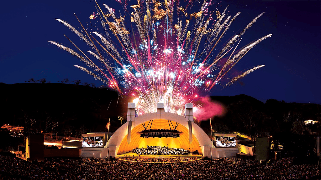 Fireworks behind orchestra on stage