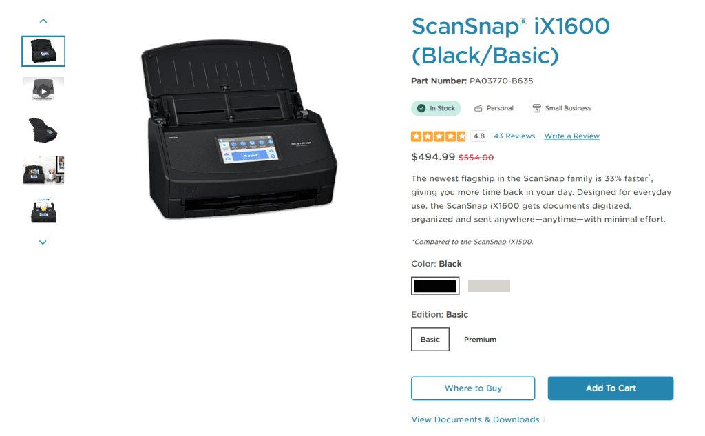 ScanSnap iX1600 scanner displayed on an online store page with price and details