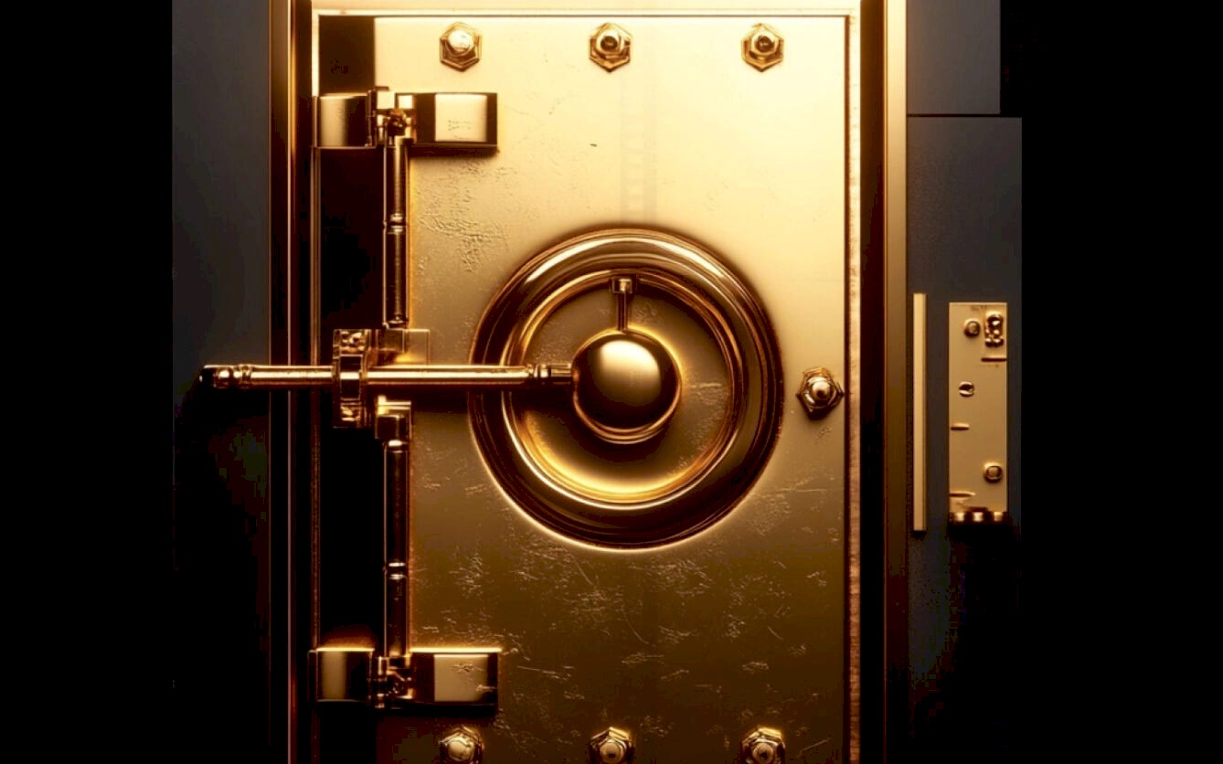 Detailed close-up of a luxurious gold bank vault door featuring intricate locking mechanisms and golden bolts, symbolizing security and wealth.