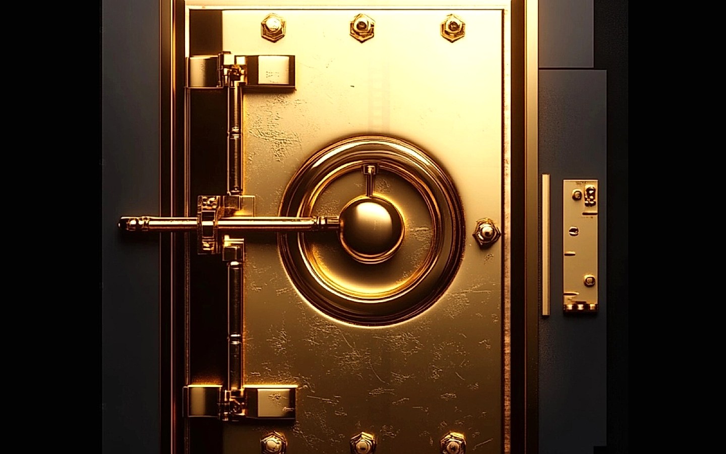 Detailed close-up of a luxurious gold bank vault door featuring intricate locking mechanisms and golden bolts, symbolizing security and wealth.