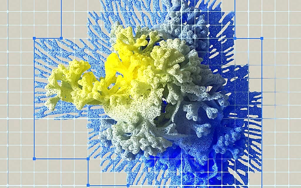 Abstract 3D visualization featuring a textured, coral-like structure in shades of yellow, green, and blue, placed over a grid background. The design combines organic forms with digital elements, creating a fusion of nature and technology.